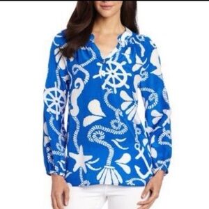 Lilly Pulitzer Elsa Blue and White Nautical Print 100% Silk Long-Sleeve Top